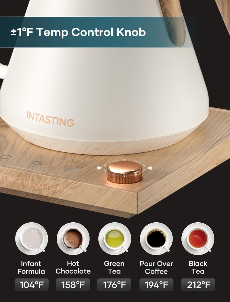 intasting Electric Kettle, Gooseneck Electric Kettle, ±1℉ Precise Temperature Control, Stainless Steel Interior, Quick Heating for Pour Over Coffee, Tea & Boiling Water, 0.9L (Cream White) - Image 3